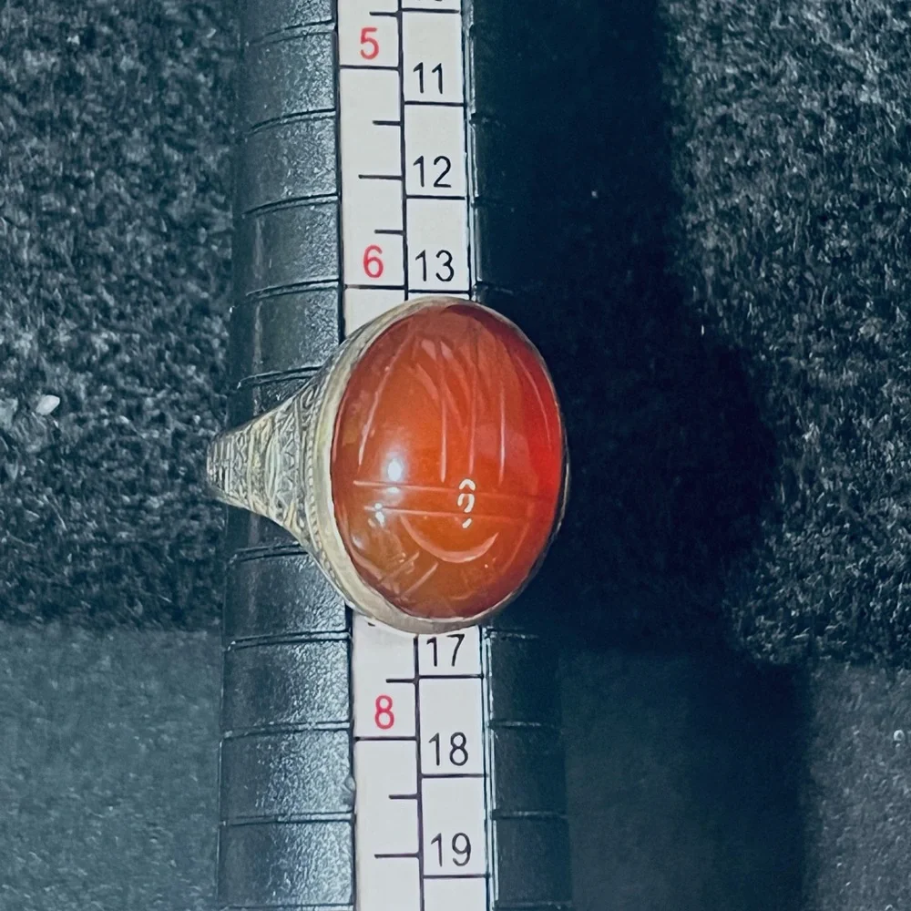 Silver Ring With Dark Amber Oval Stone That Has Sketching Engraved Size 6 1/2
